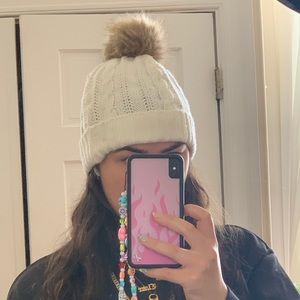 Fun Winter White Knit Beanie with Faux Fur Pom Pom